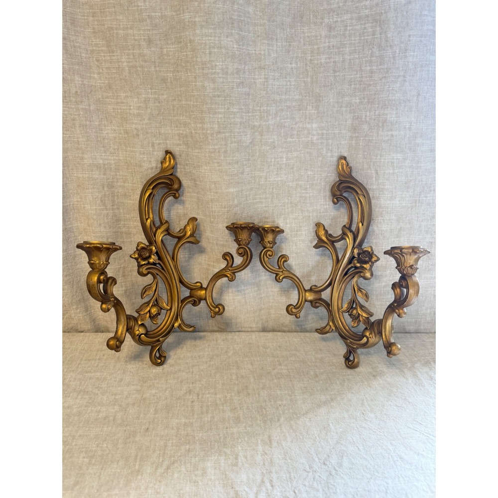 Vintage 1964 Dart Industries Gold Wall Sconce Candle Holders Pair Ornate Rococo